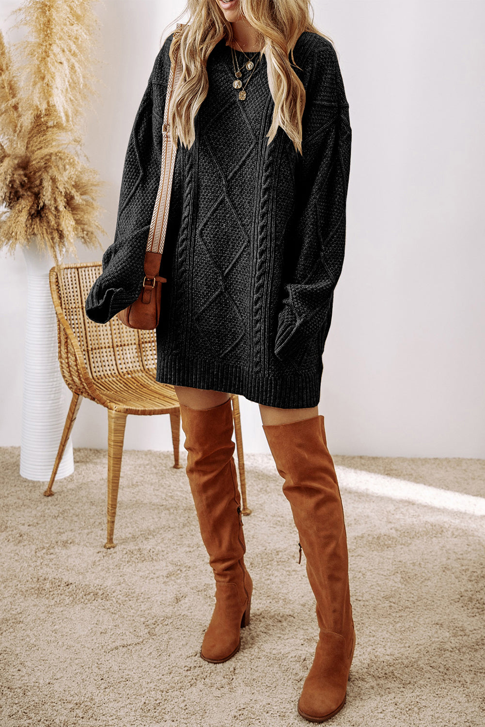 Black Cable Knit Drop Shoulder Loose Fit Sweater Dress