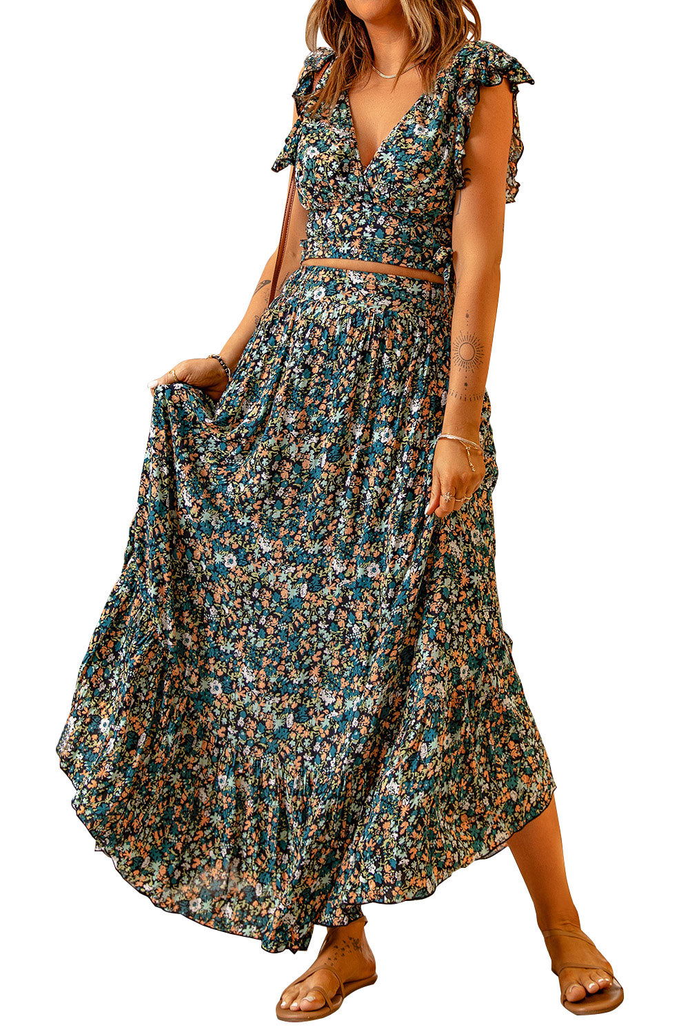 Black Multicolor Floral Ruffled Crop Top and Maxi Skirt Set