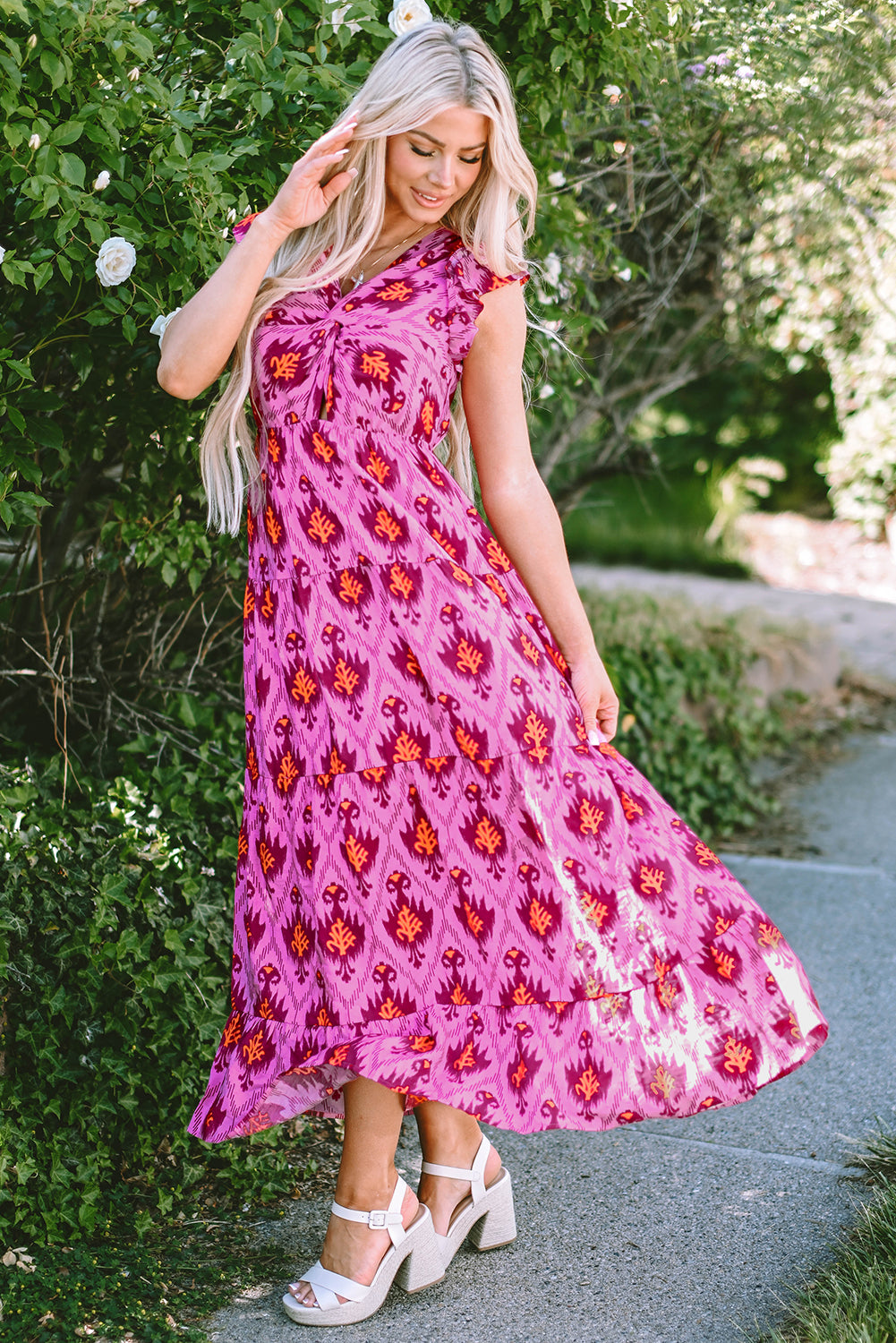 Bonbon Retro Print Twisted Front Ruffled Sleeve Maxi Dress