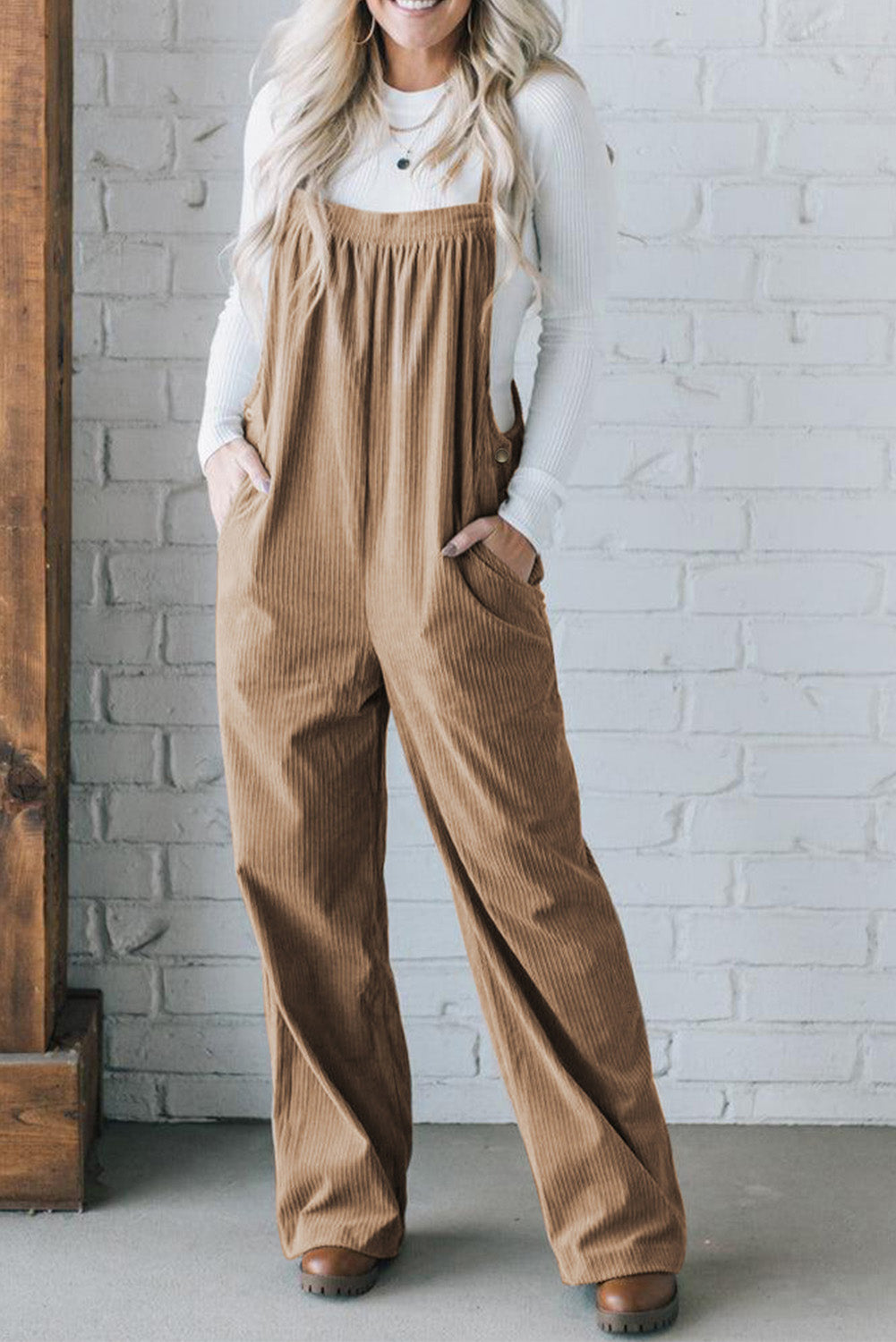 Black Solid Pocketed Loose Fit Corduroy Overall