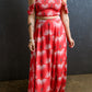 Red Floral Shirred Off Shoulder Crop Top and Slit Maxi Skirt Set