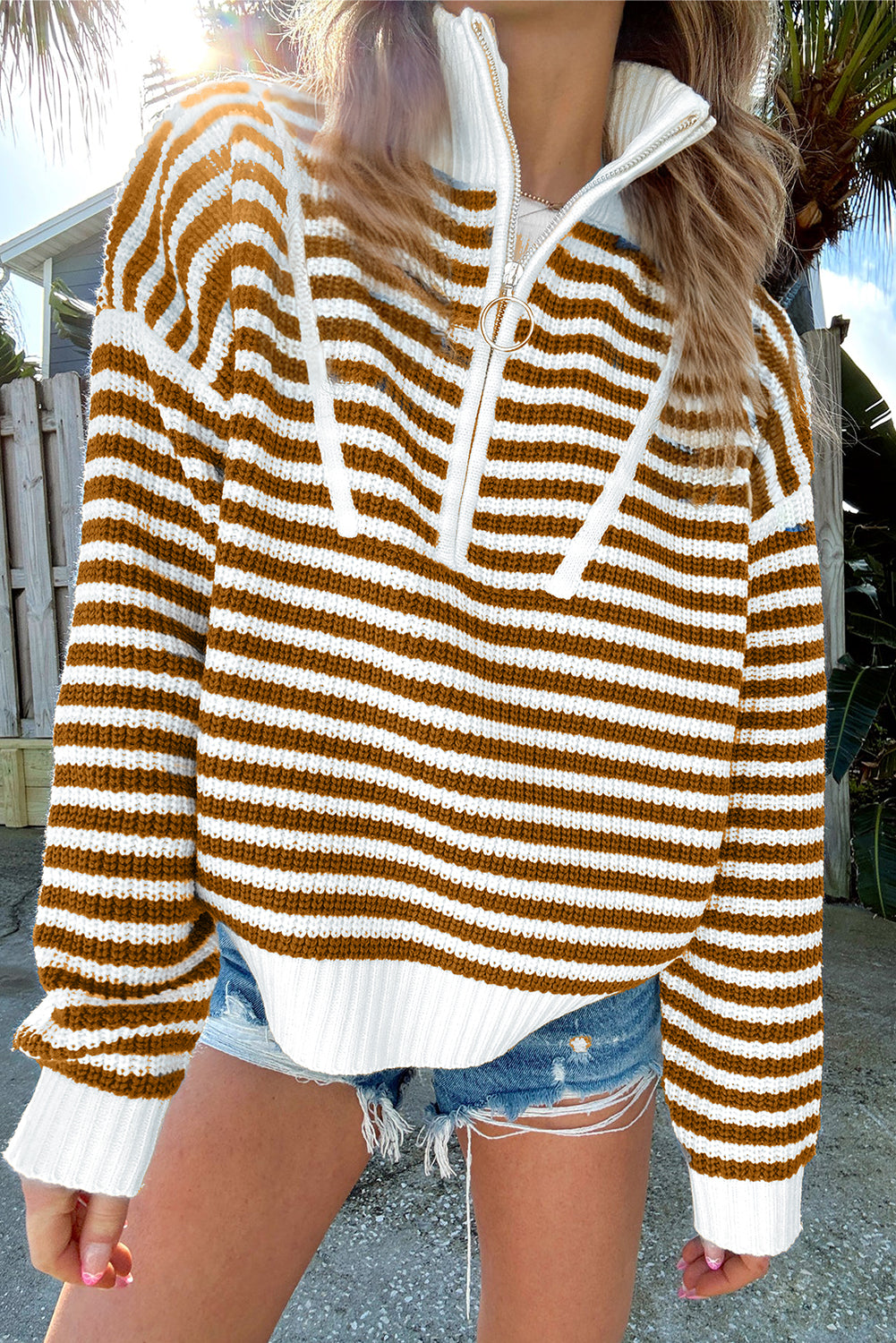 Black Stripe Zip up Collar Drop Shoulder Sweater