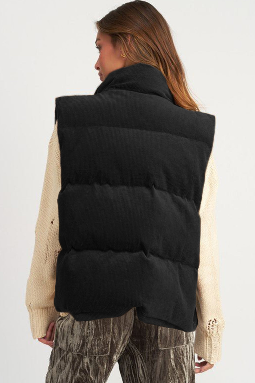 Black Corduroy Stand Neck Zipped Puffer Vest