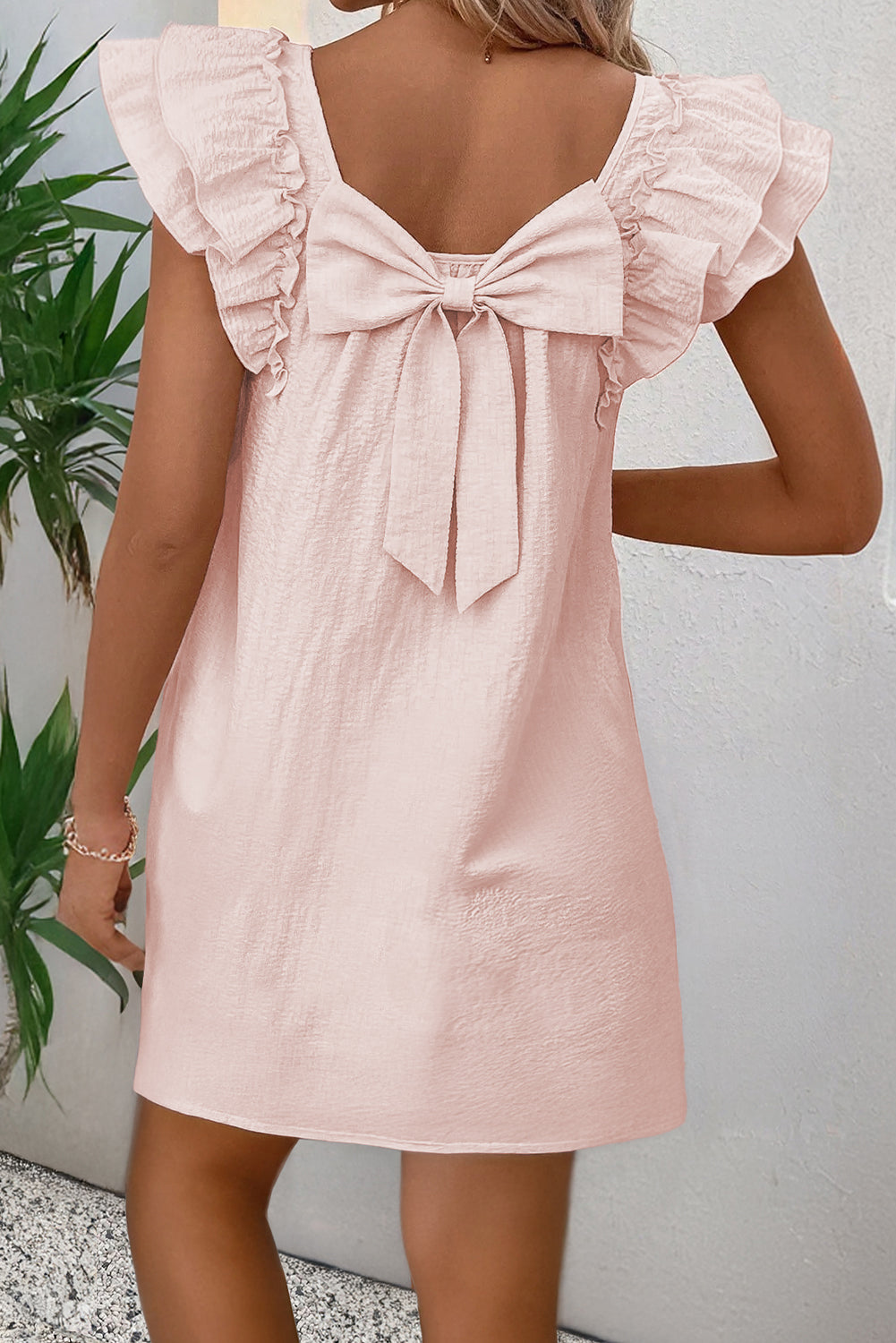 Beau Blue Textured Flutter Sleeve Square Neck Bow Back Mini Dress