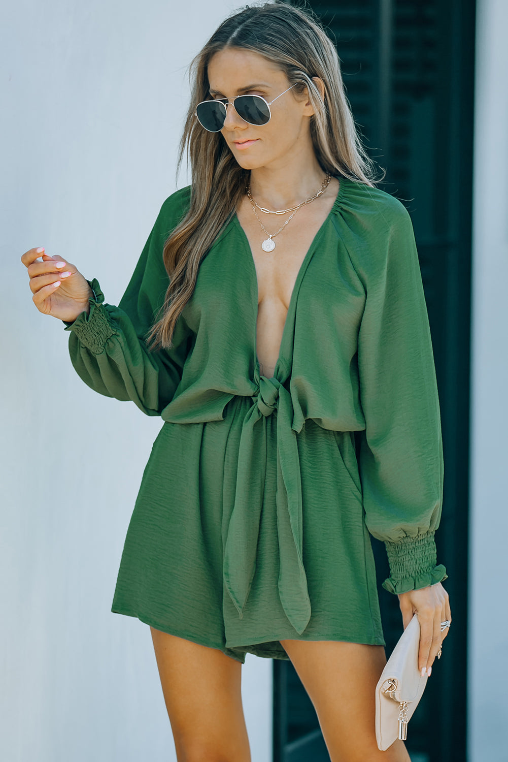 Black Tie Knot Puff Long Sleeve Romper