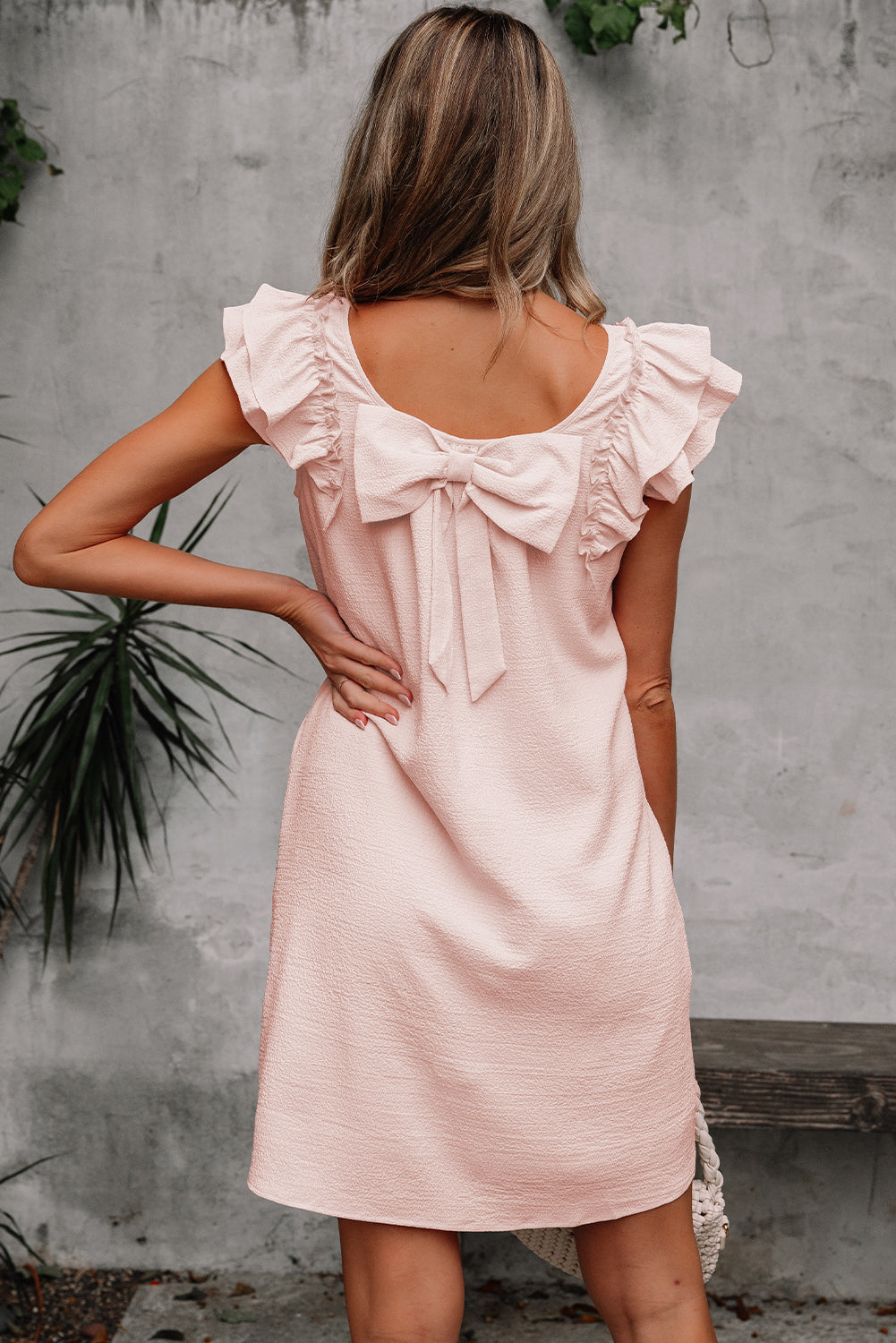Beau Blue Textured Flutter Sleeve Square Neck Bow Back Mini Dress