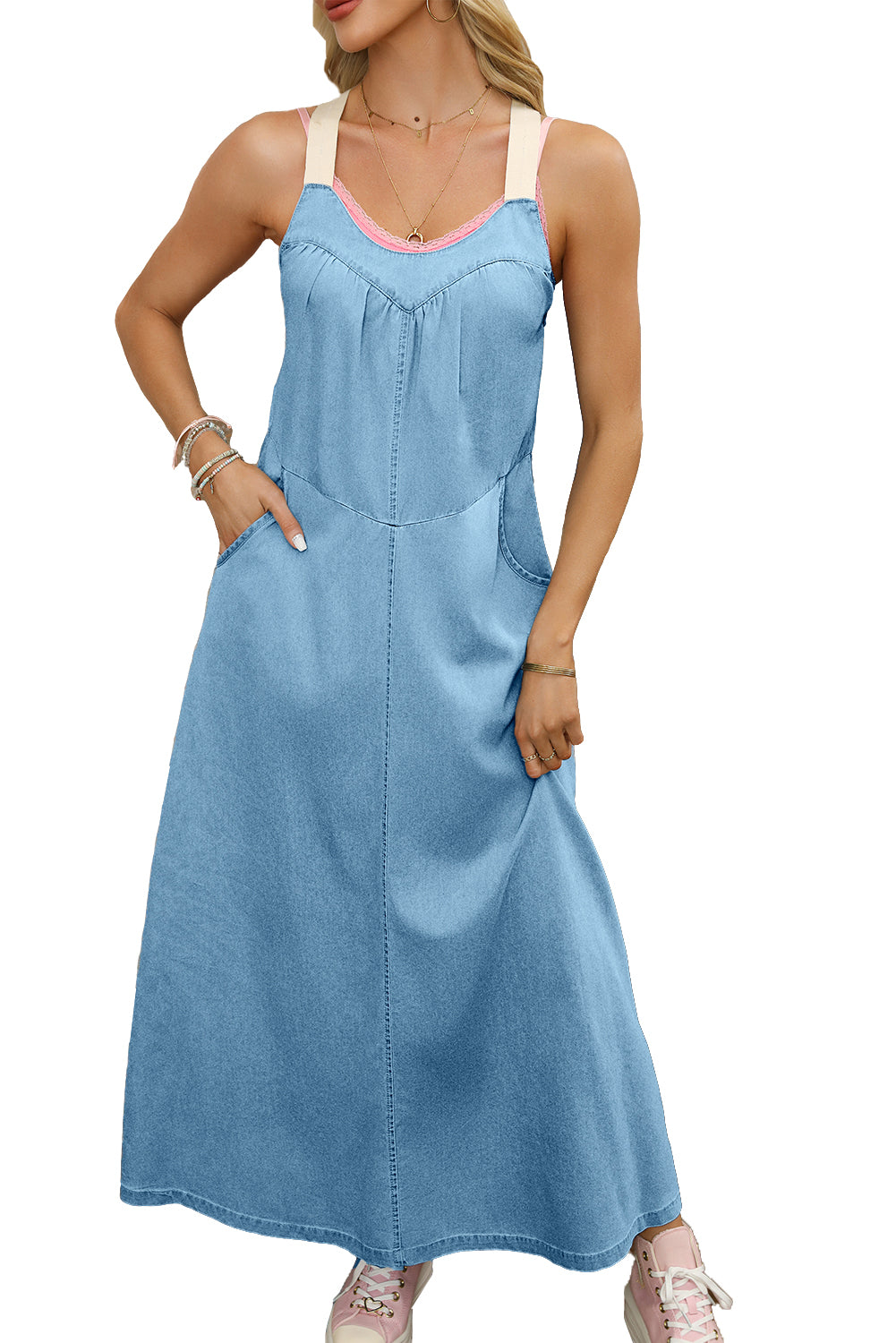 Beau Blue Contrast Straps Pocketed Long Chambray Dress