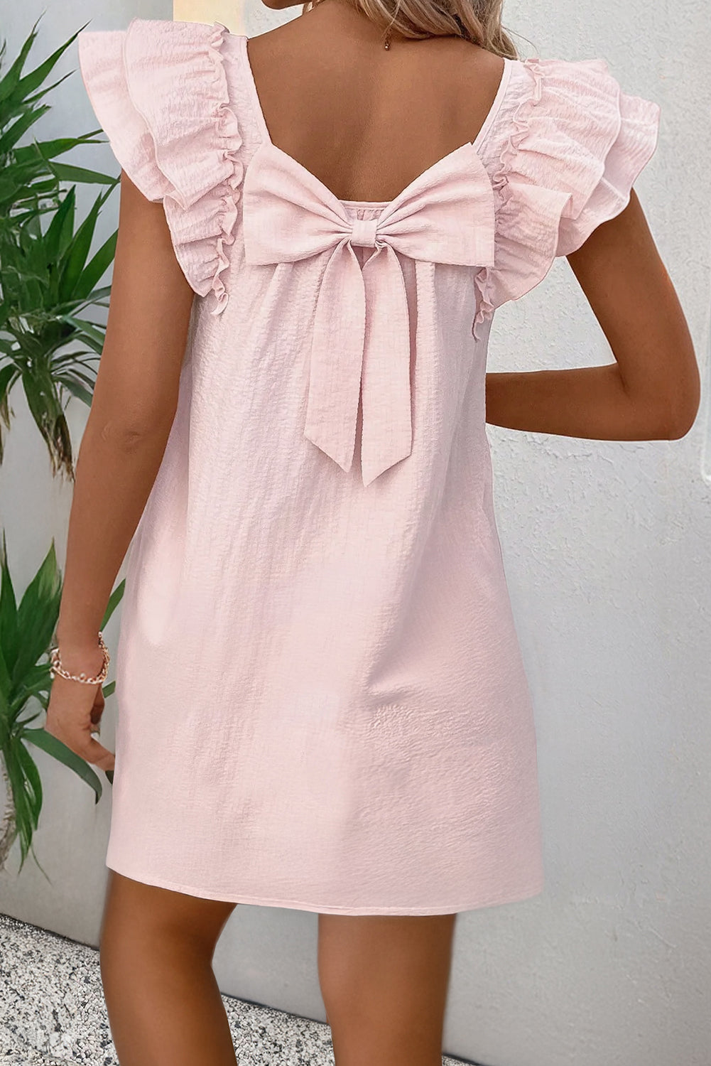 Beau Blue Textured Flutter Sleeve Square Neck Bow Back Mini Dress