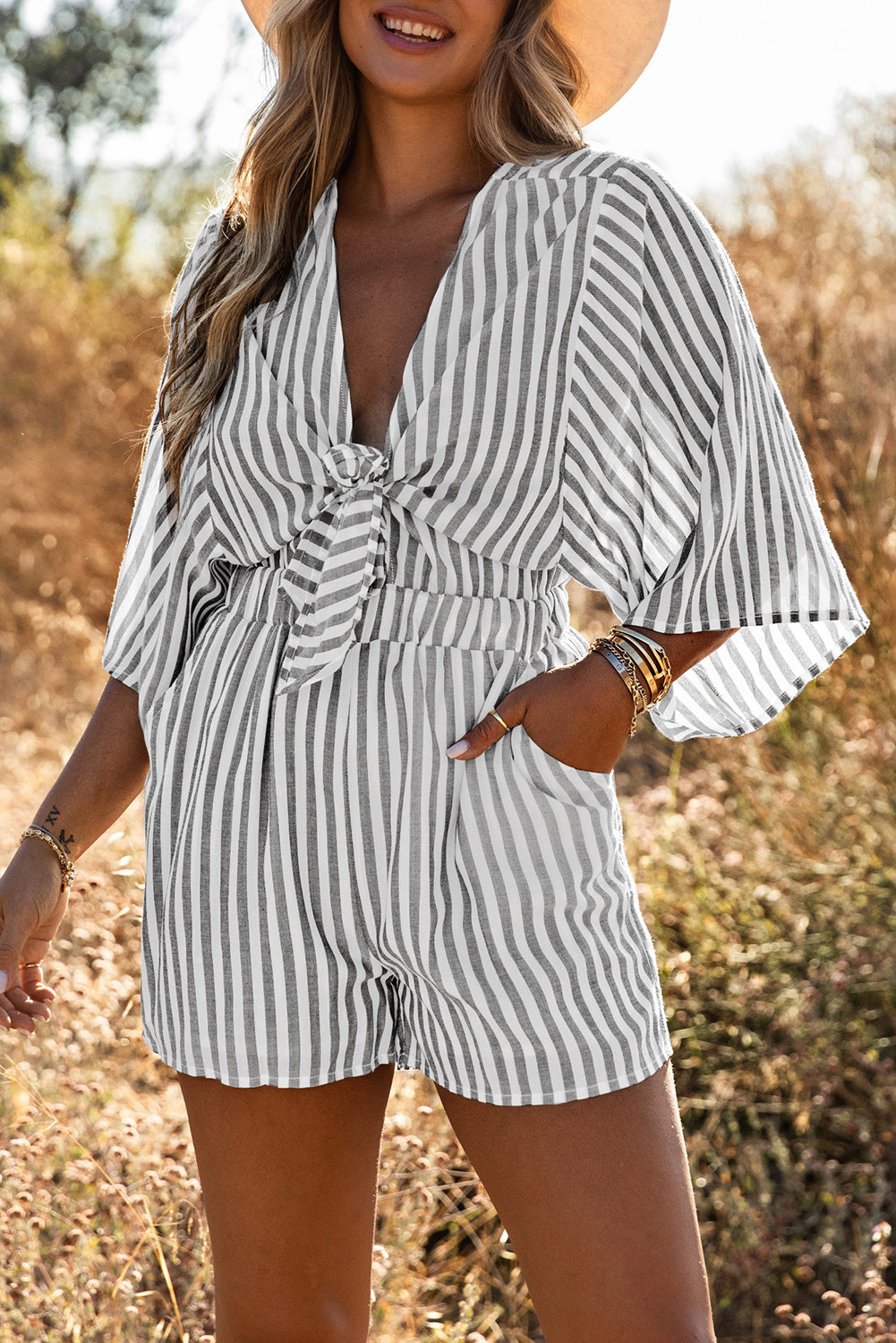 Gray 3/4 Wide Kimono Sleeves Tie Front Striped Romper with Pockets