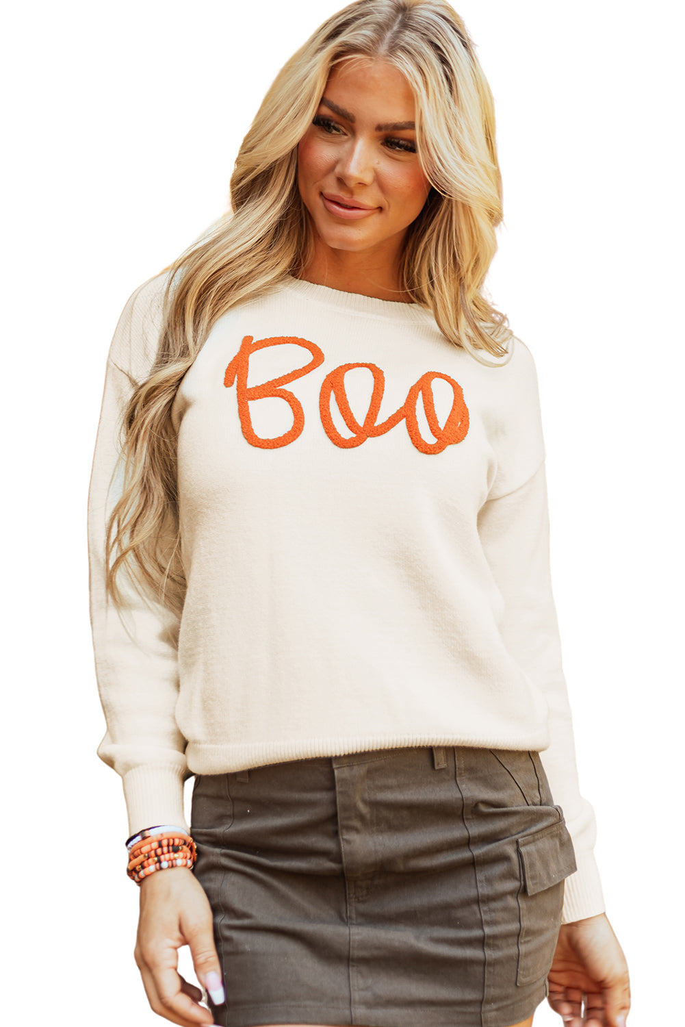 Apricot Boo Knitted Pattern Ribbed Edge Drop Shoulder Sweater