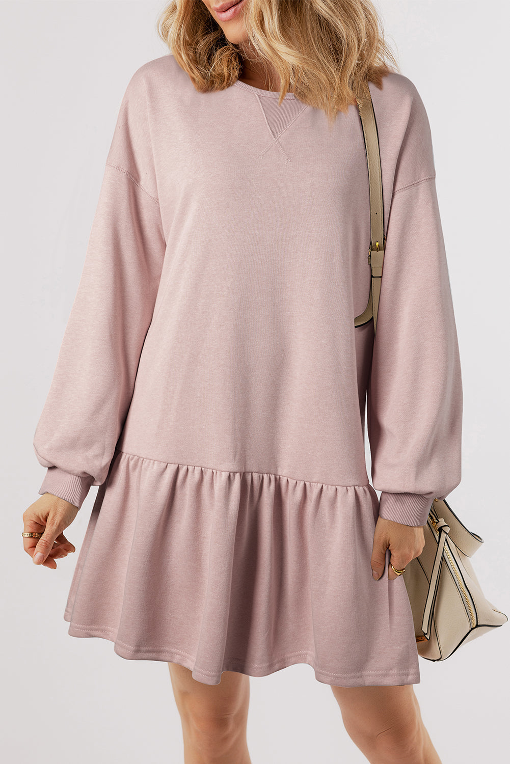 Dusty Pink Solid Color Puff Sleeve Ruffle Hem Mini Dress