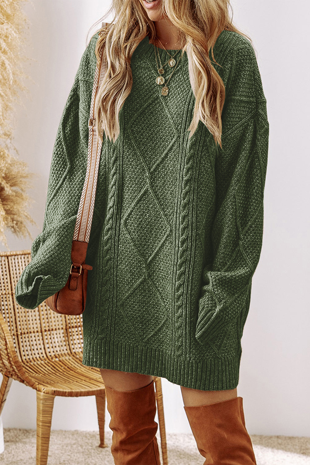 Coffee Cable Knit Drop Shoulder Loose Fit Sweater Dress