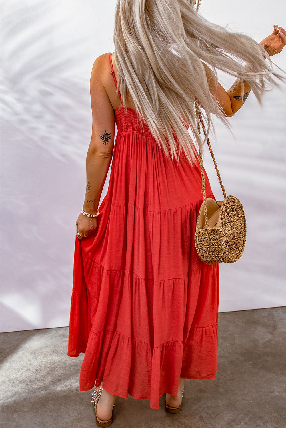 Red O-ring Smocked Back Spaghetti Straps Tiered Maxi Dress