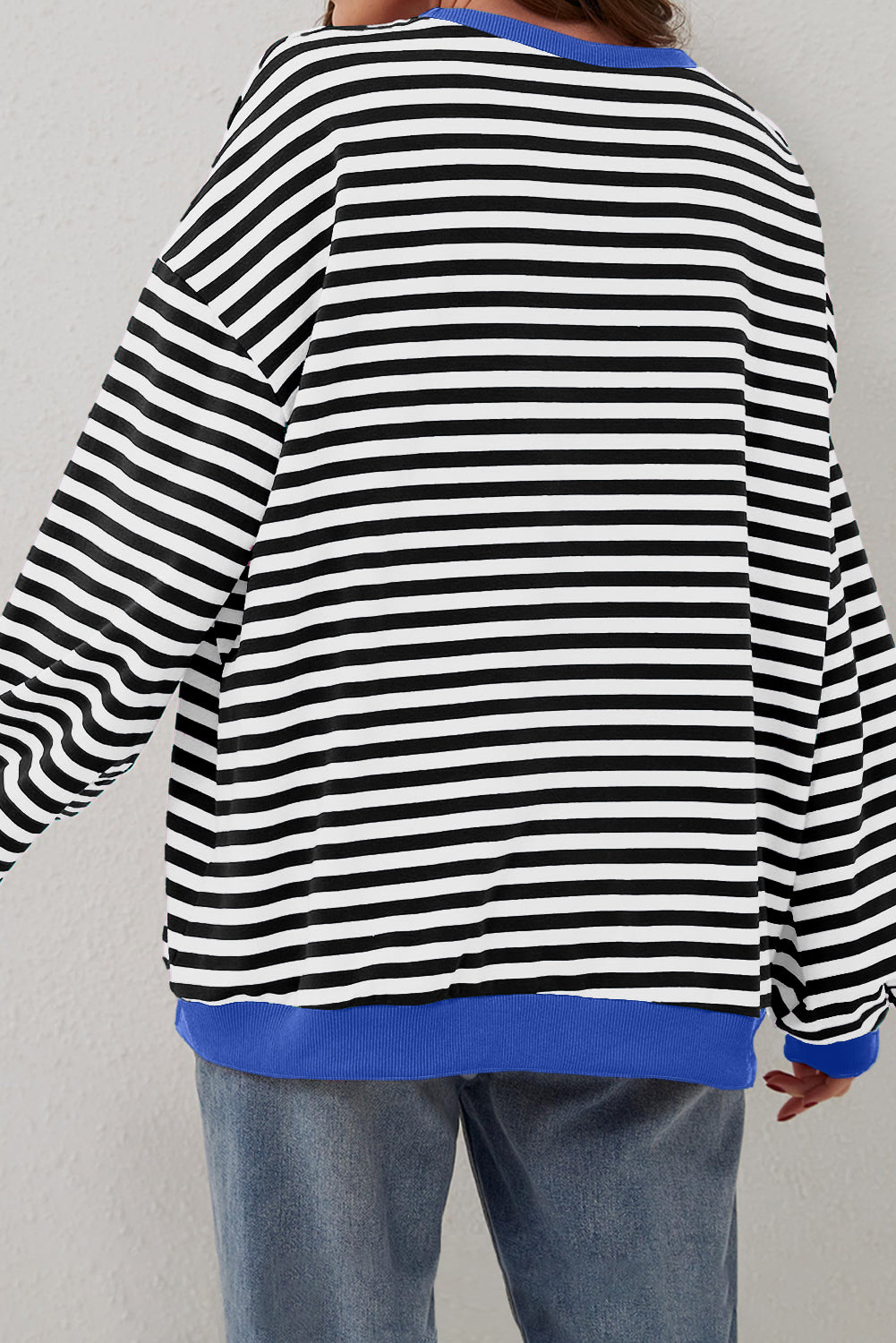 Blue Stripe Oversized Contrast Trim Pullover Sweatshirt