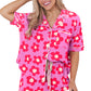 Pink Flower Print Short Sleeve Shirt Pajamas Set