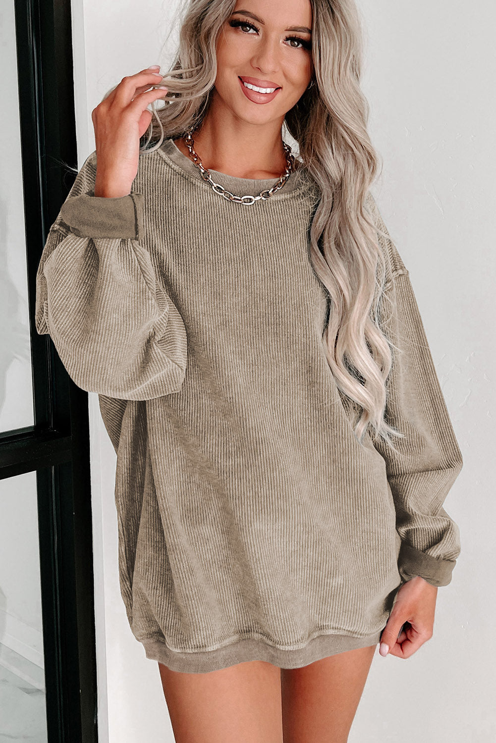 Pink Solid Ribbed Knit Round Neck Pullover Sweatshirt