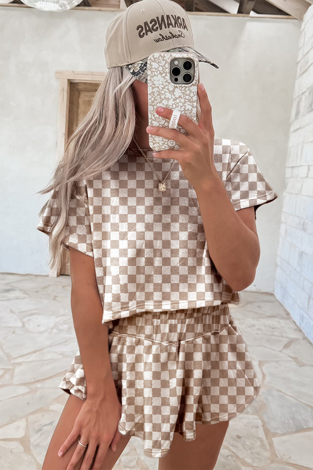 Black Checkerboard T Shirt and High Waist Skorts 2 Piece Outfit