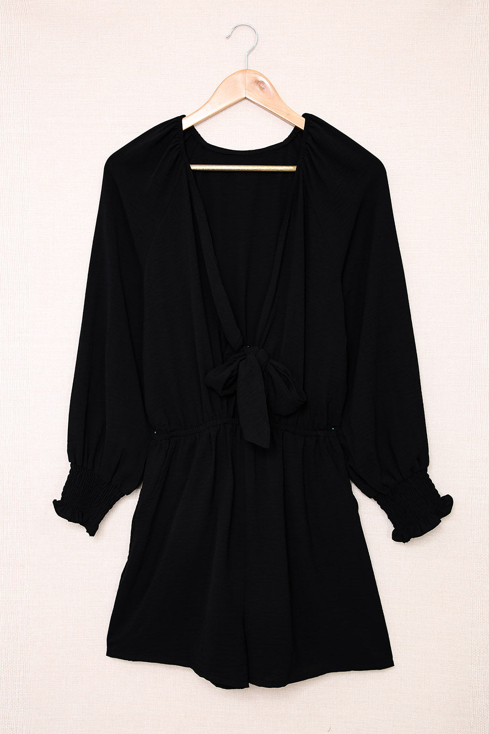 Black Tie Knot Puff Long Sleeve Romper