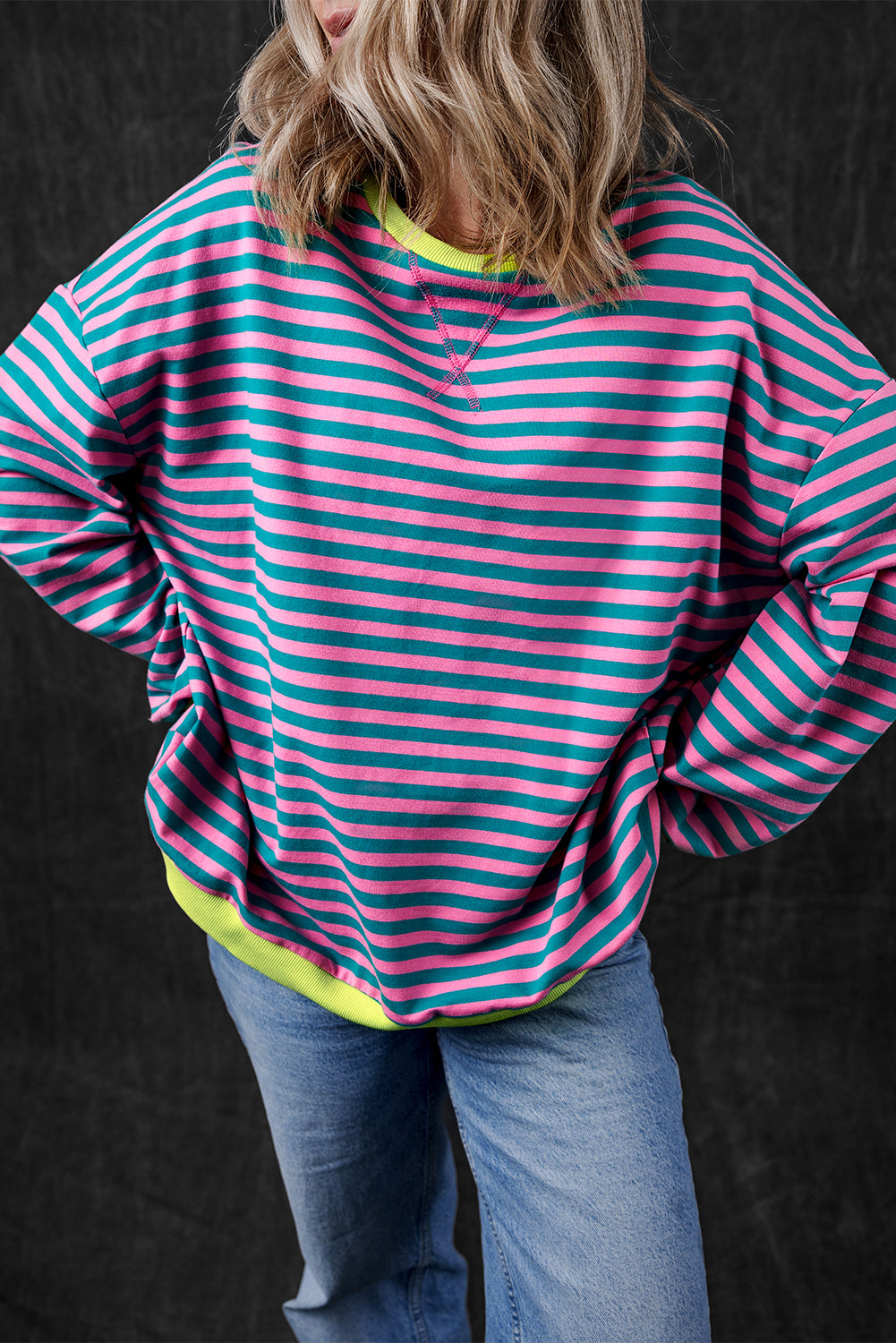 Blue Stripe Oversized Contrast Trim Pullover Sweatshirt