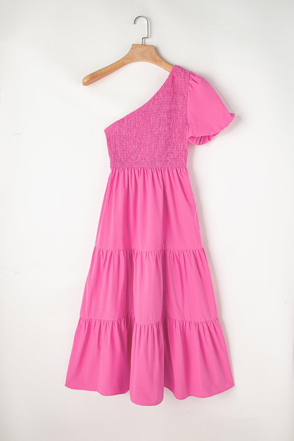 Strawberry Pink Asymmetric Puff Sleeve Smocked Bodice Tiered Midi Dress