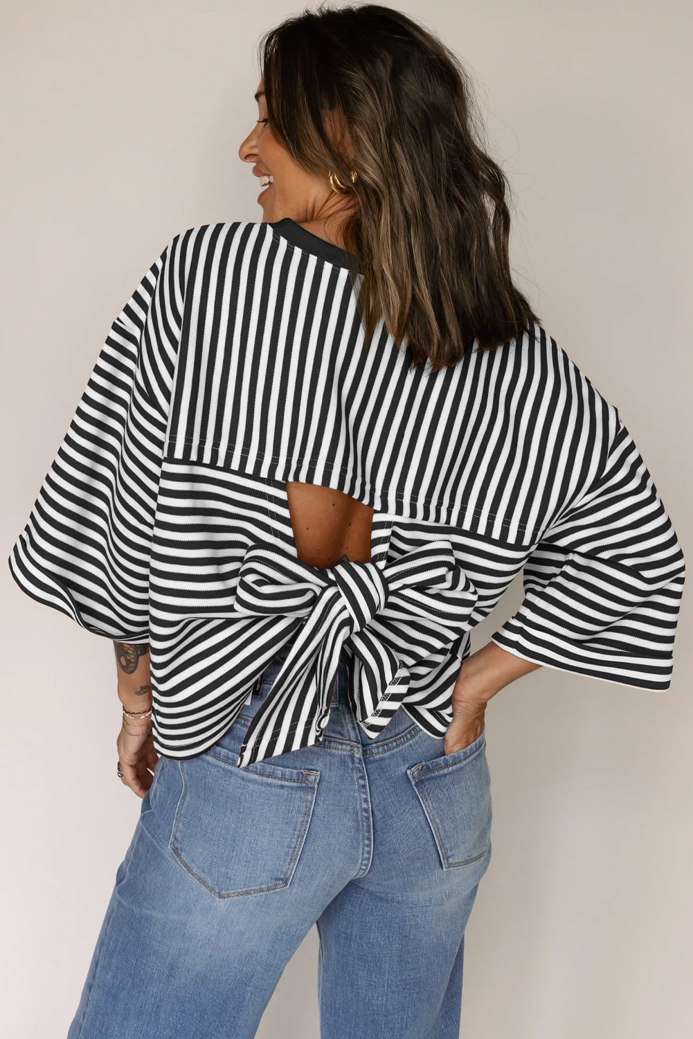 Pink Stripe Bowknot Cutout Back Drop Shoulder Wide Bracelet Sleeve Loose Tee