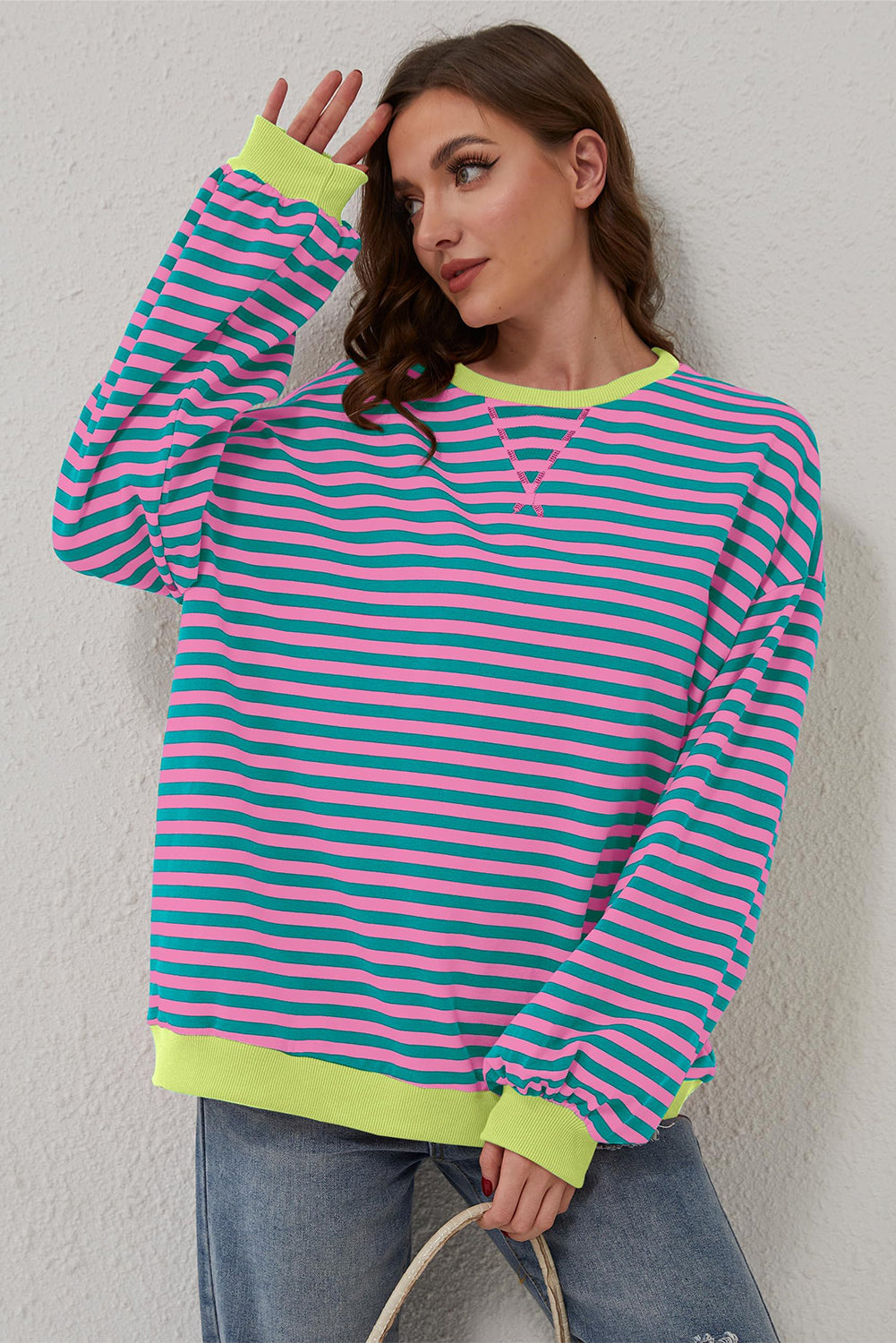 Blue Stripe Oversized Contrast Trim Pullover Sweatshirt