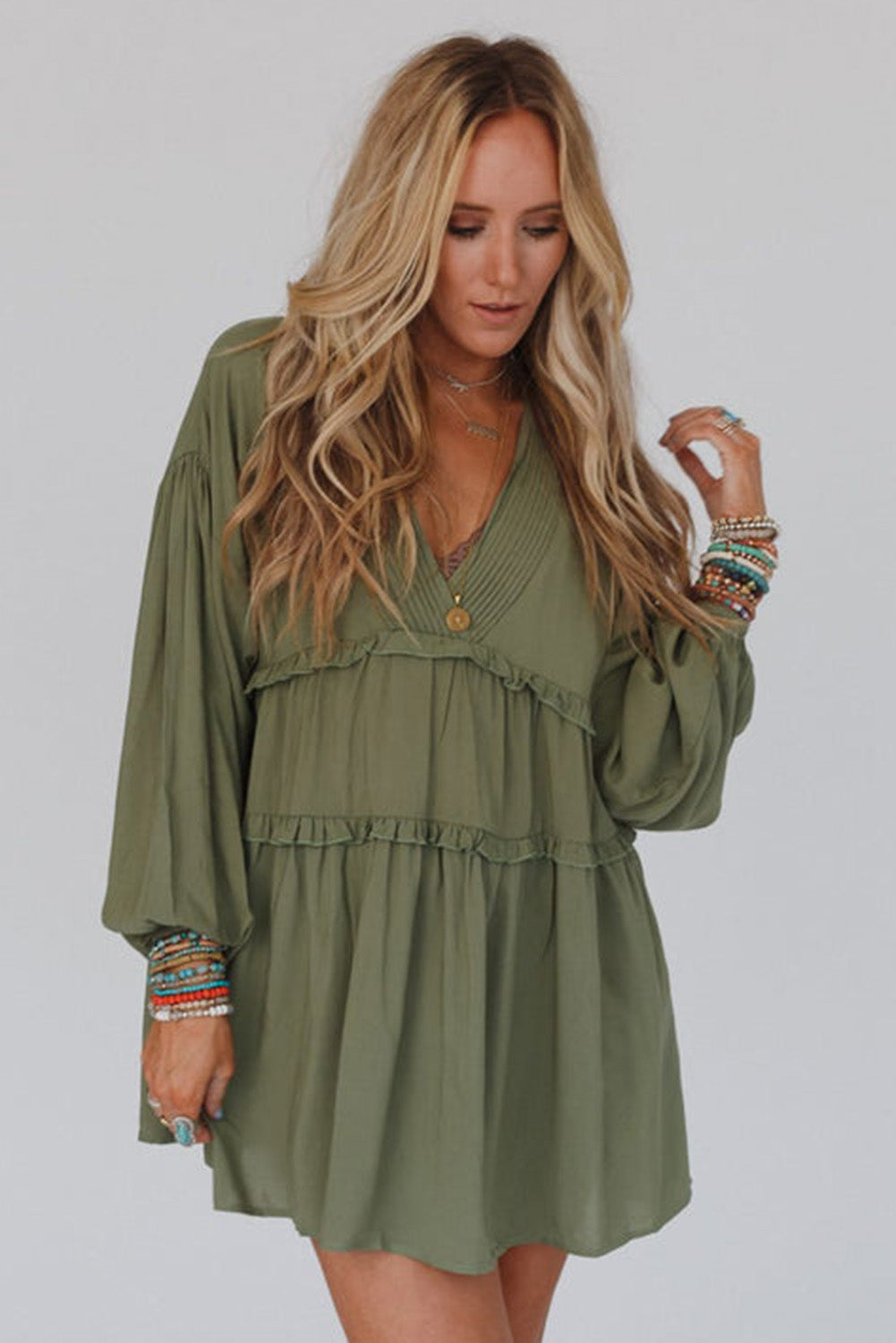 Green V Neck Puff Sleeve Frill Tiered Mini Dress