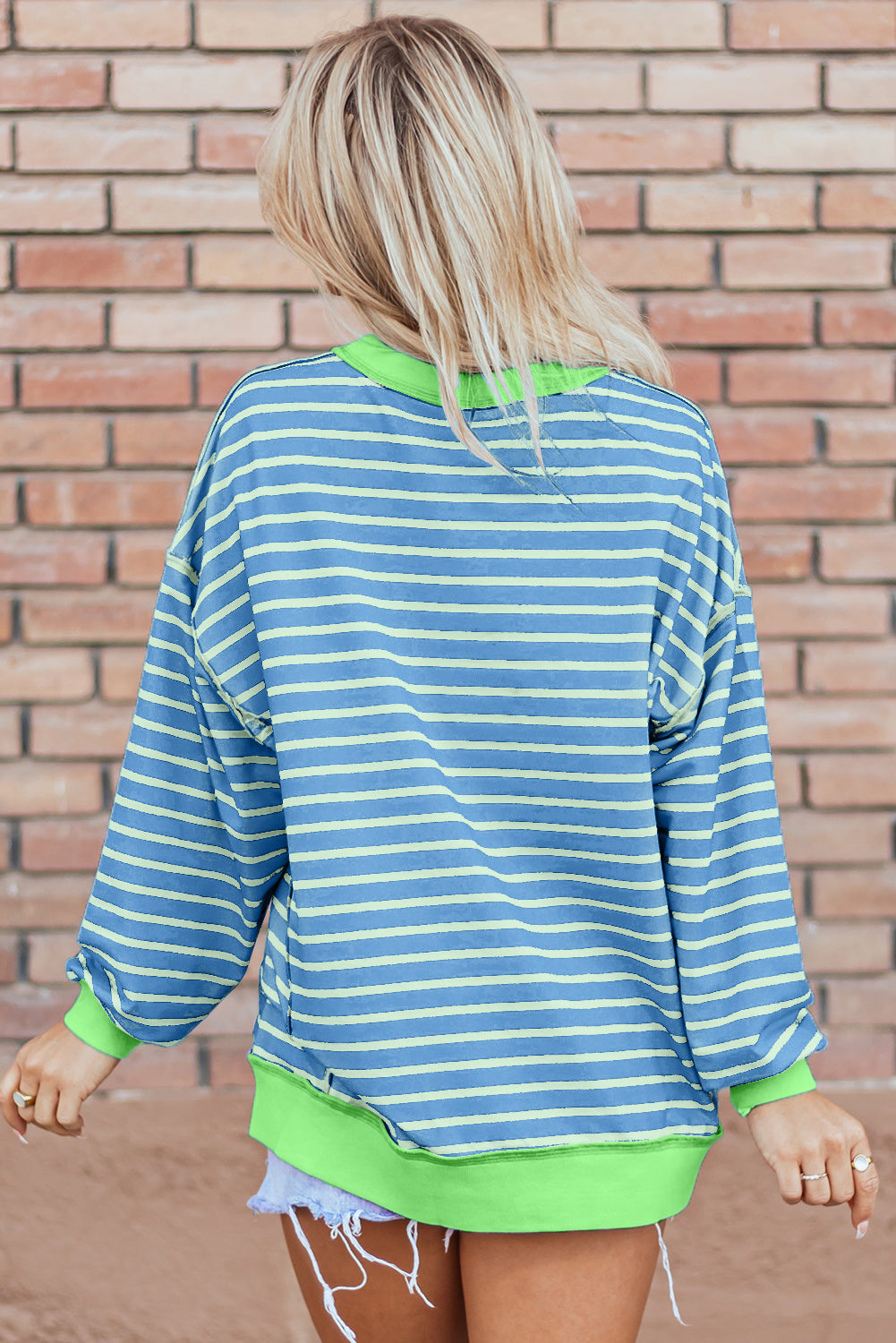 Sky Blue Stripe Contrast Trim High Low Pullover Tunic Sweatshirt