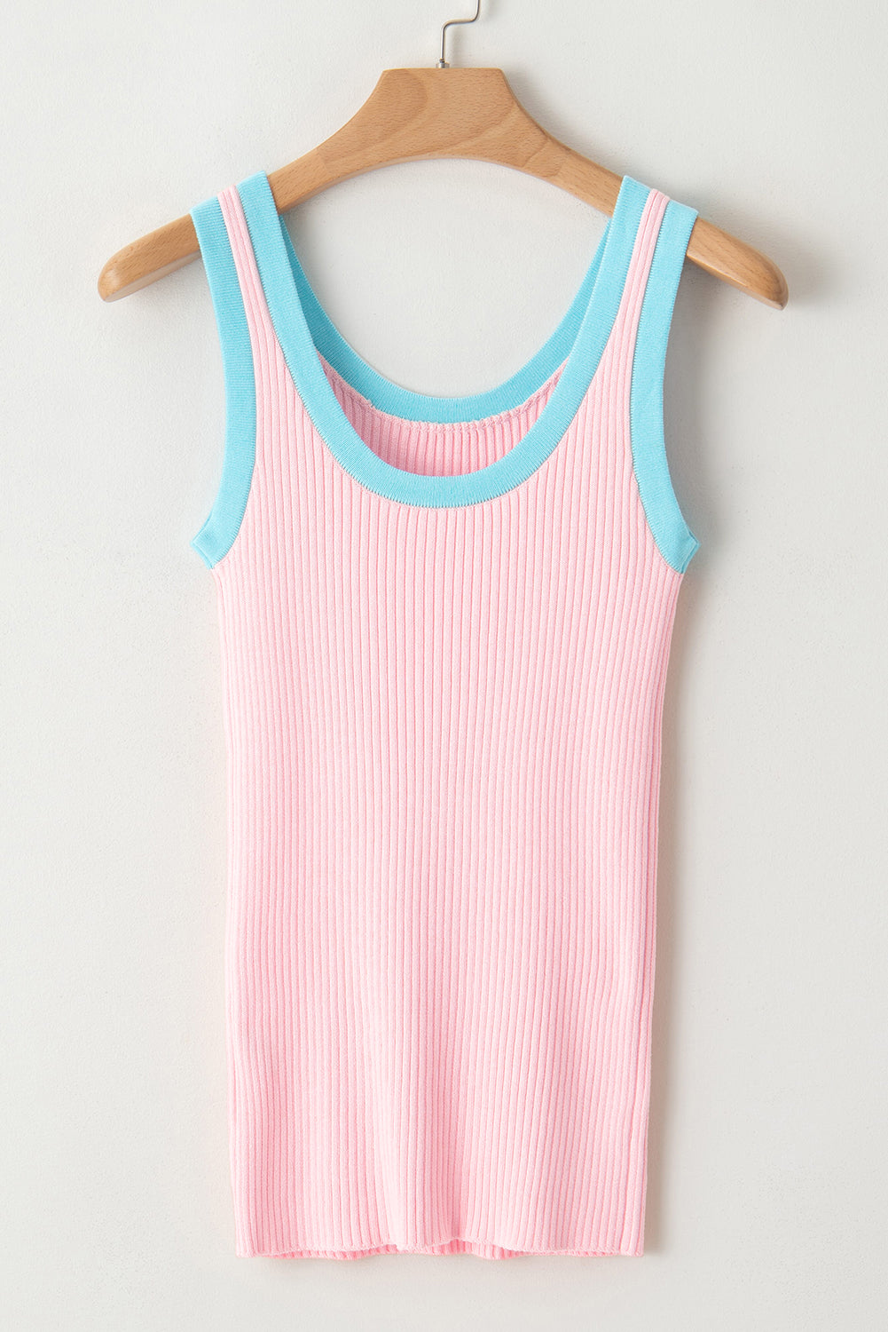 Bright Pink Colorblock Edge Ribbed Knit U Neck Tank Top