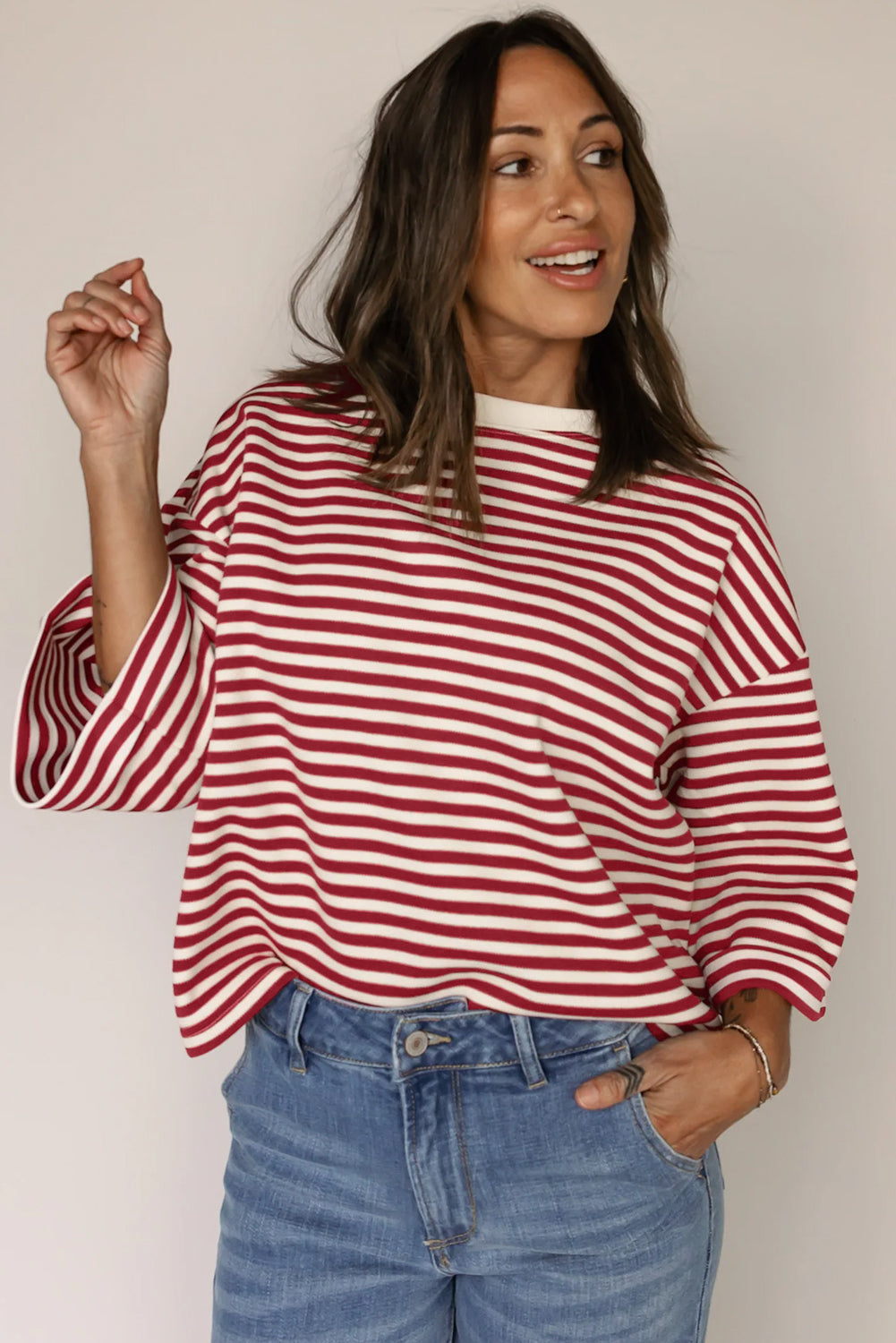 Pink Stripe Bowknot Cutout Back Drop Shoulder Wide Bracelet Sleeve Loose Tee
