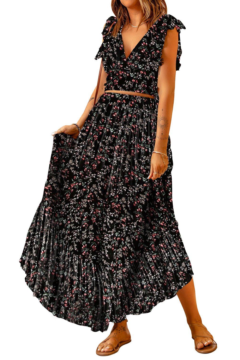 Black Multicolor Floral Ruffled Crop Top and Maxi Skirt Set