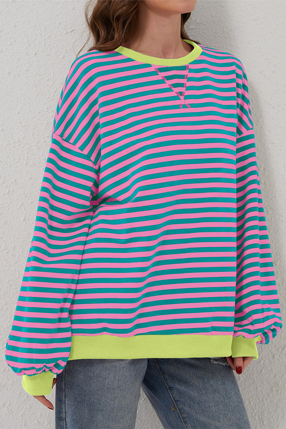 Blue Stripe Oversized Contrast Trim Pullover Sweatshirt