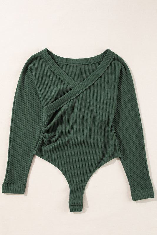 Blackish Green Ribbed Knit Slim Fit Wrap V Neck Bodysuit