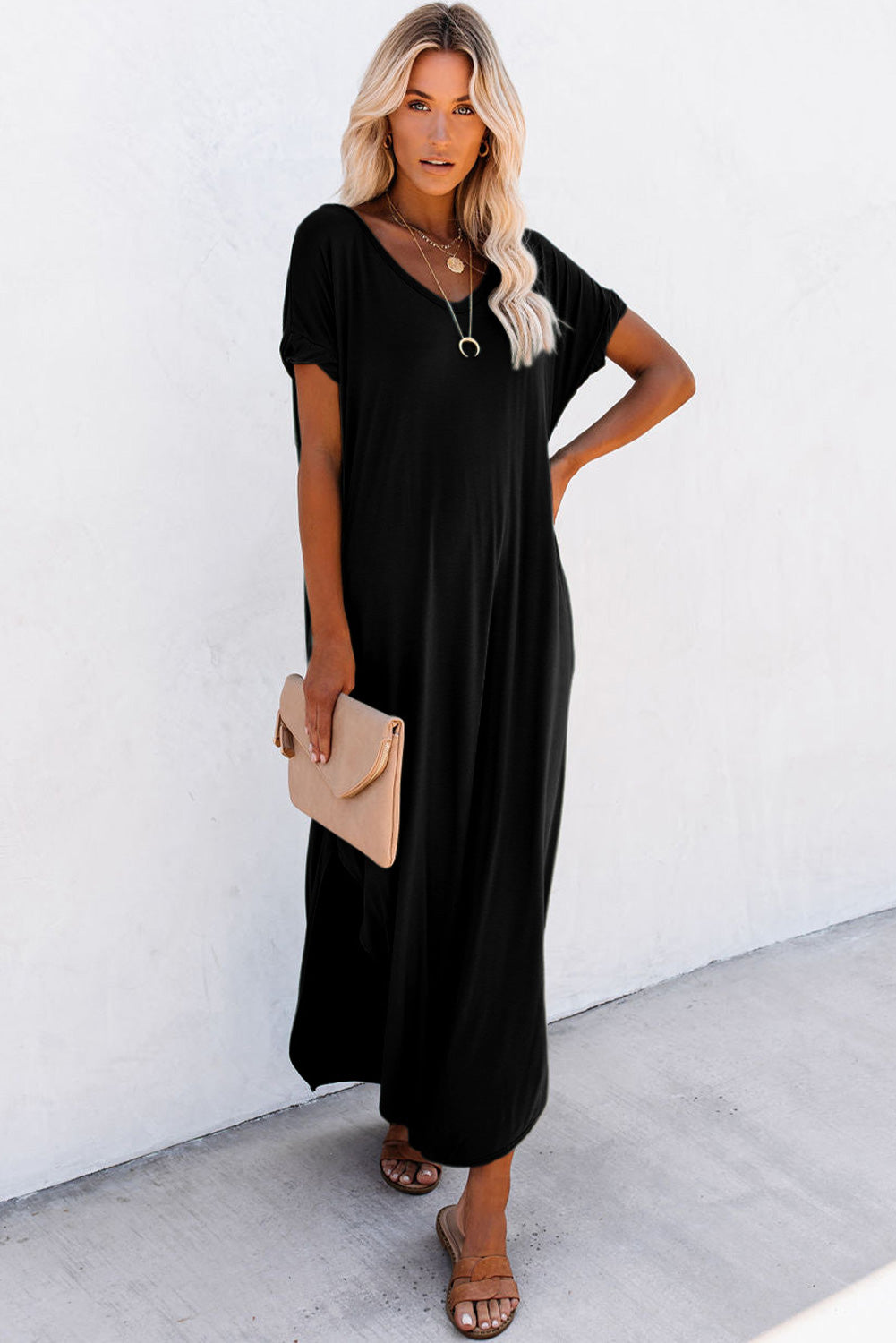 Black V Neck Hidden Pocket Splits Maxi T-shirt Dress