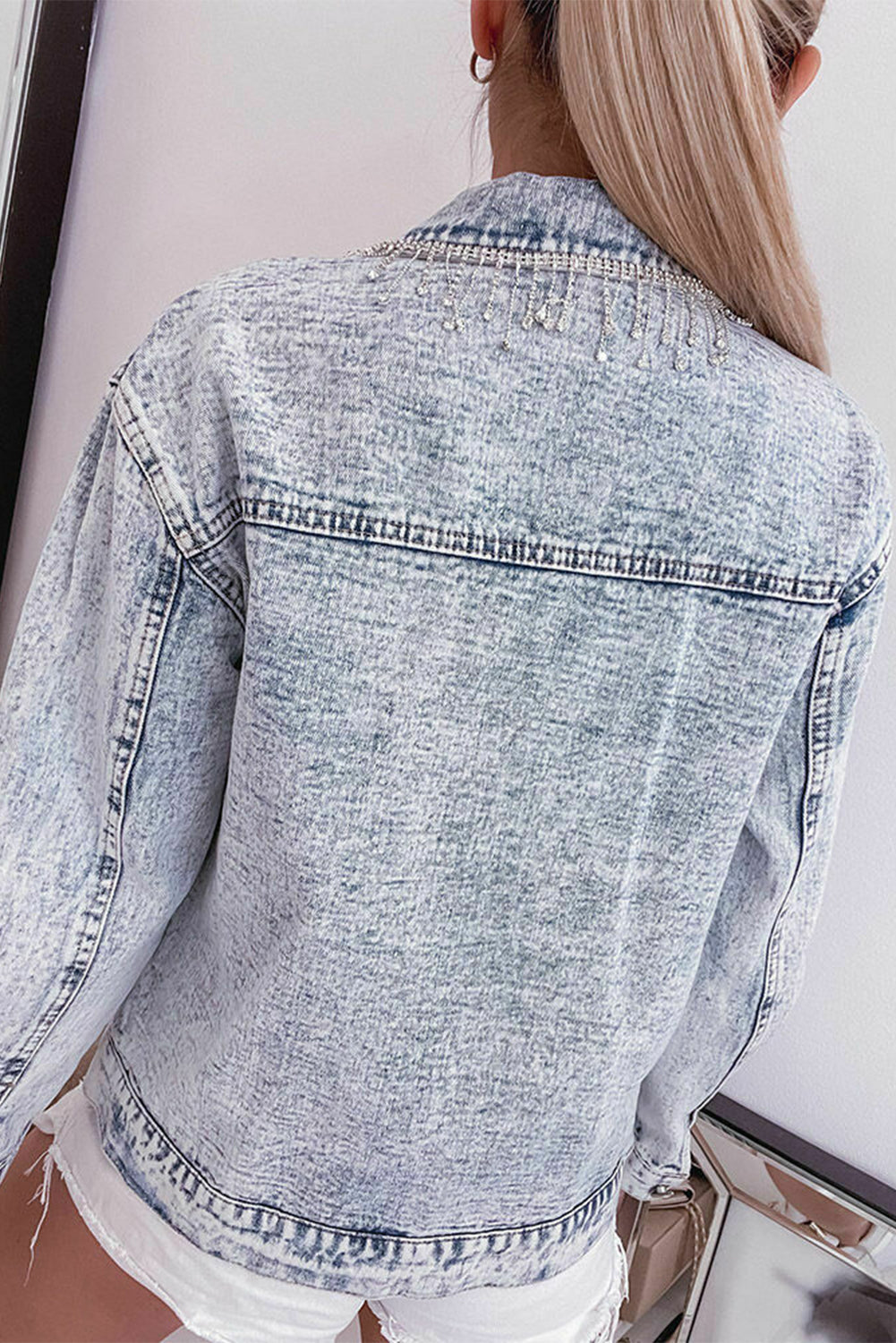 Mist Blue Retro Rhinestone Fringed Collar Light Wash Denim Jacket