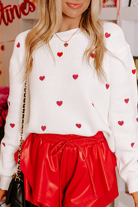 White Heart Shape Drop Shoulder Round Neck Sweater