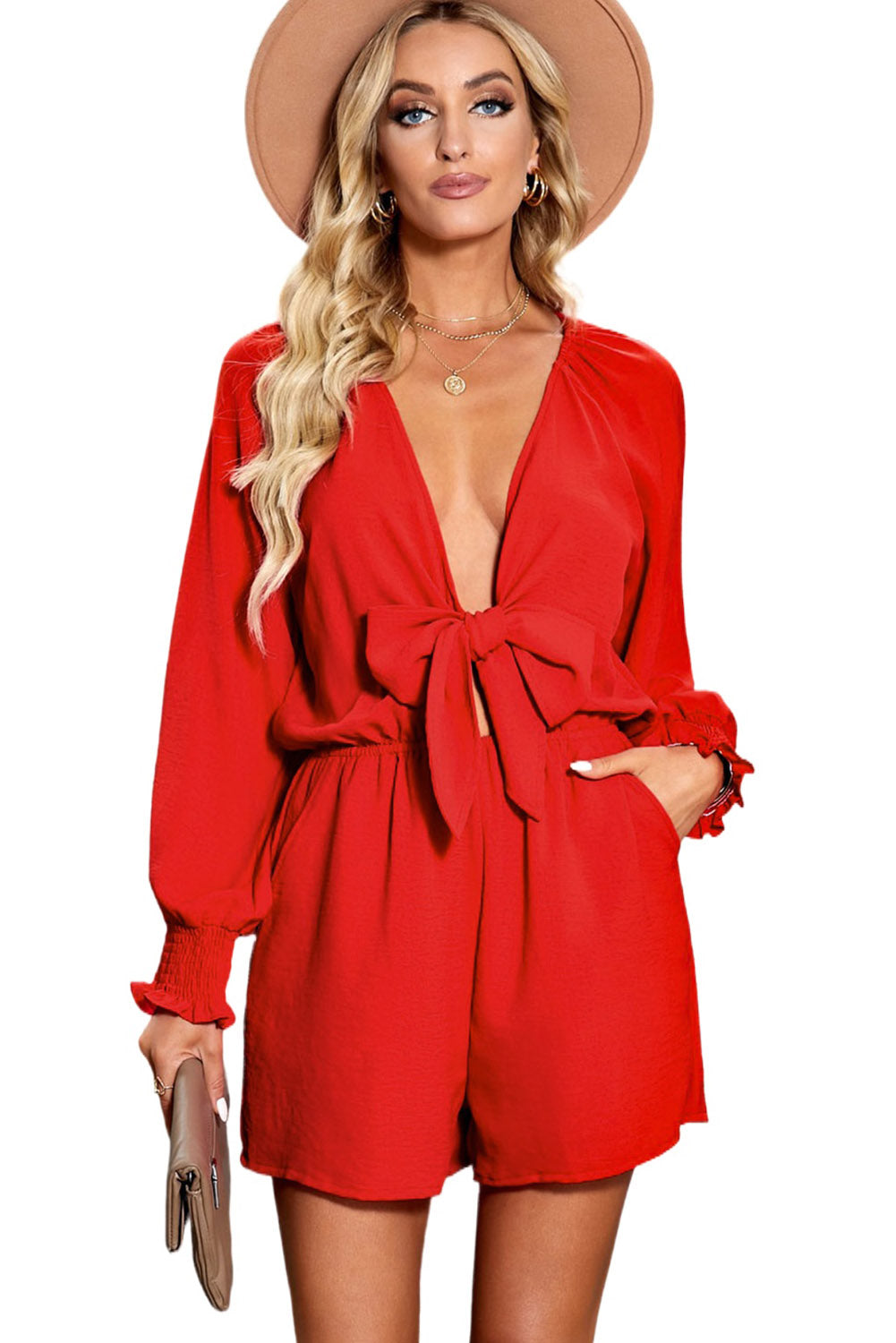 Black Tie Knot Puff Long Sleeve Romper