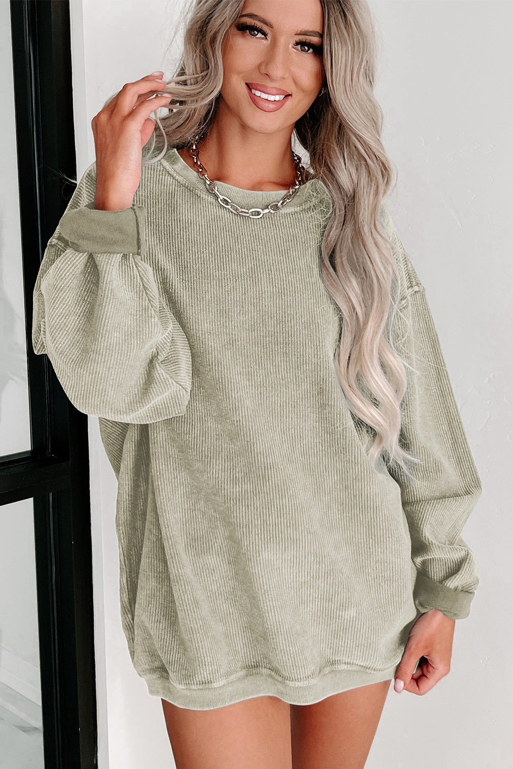 Pink Solid Ribbed Knit Round Neck Pullover Sweatshirt