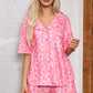 Pink Flower Print Short Sleeve Shirt Pajamas Set