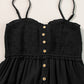 Black Spaghetti Straps Smocked Front Slit Buttoned Dress