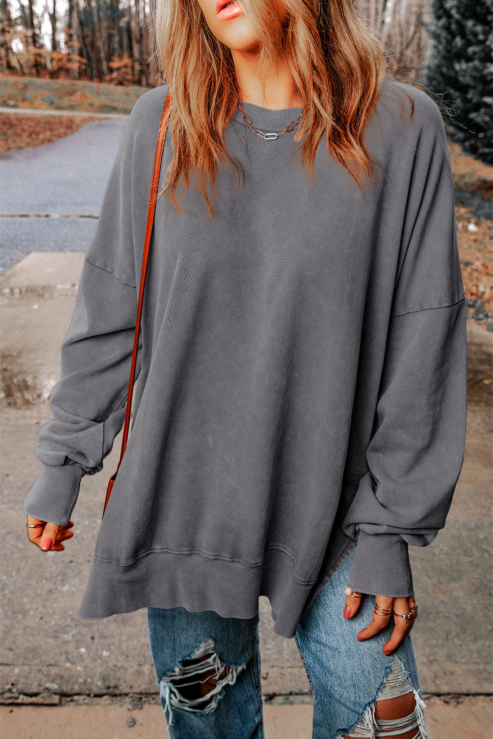 Black Drop Shoulder Ribbed Trim Oversized Sweatshirt