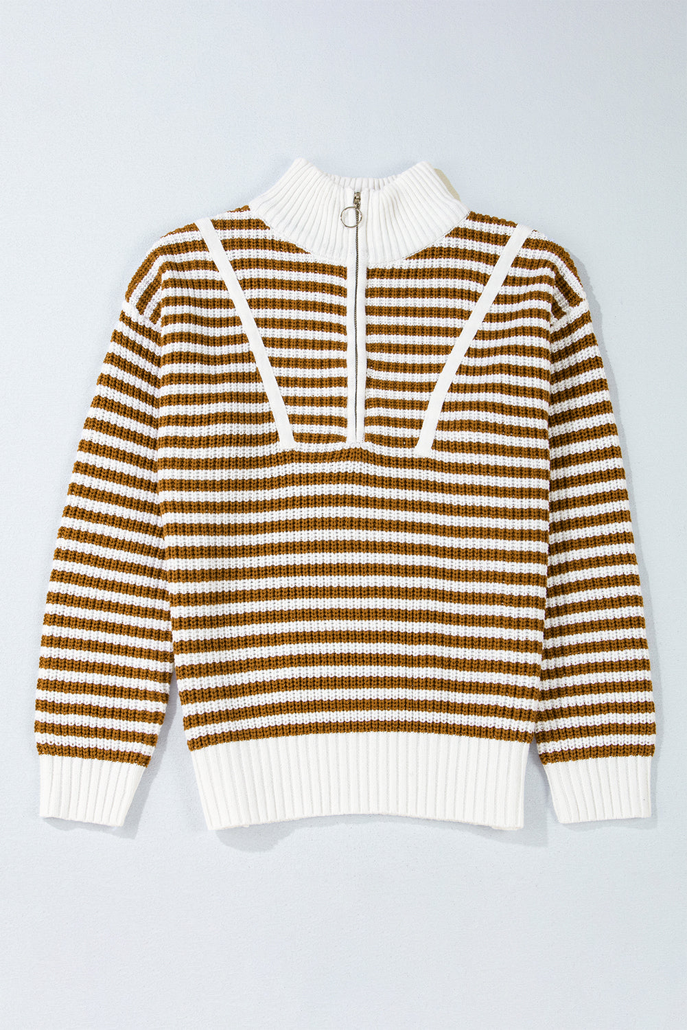 Black Stripe Zip up Collar Drop Shoulder Sweater