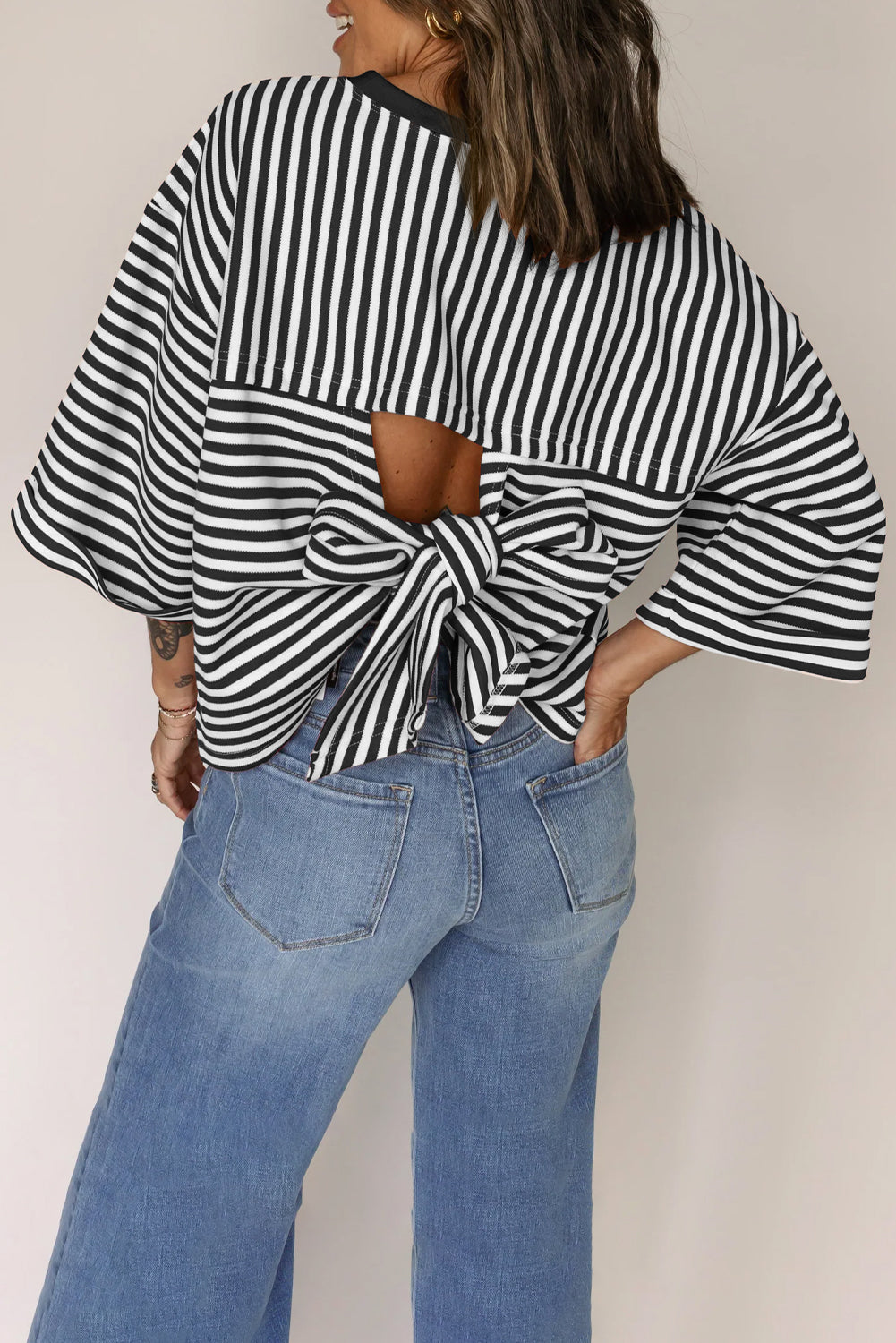 Pink Stripe Bowknot Cutout Back Drop Shoulder Wide Bracelet Sleeve Loose Tee