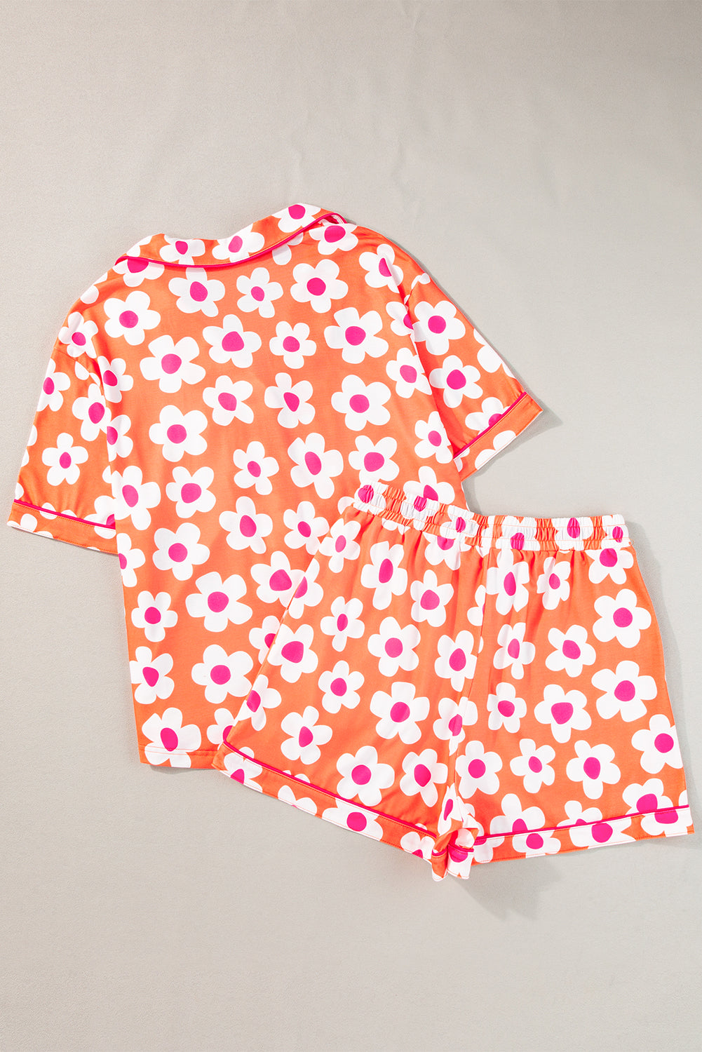 Pink Flower Print Short Sleeve Shirt Pajamas Set