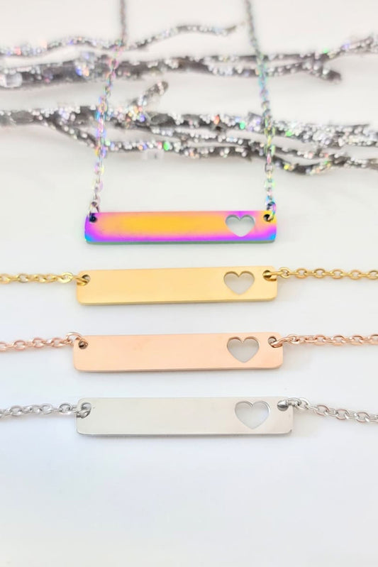 Pink Stainless Steel Bar Heart Cutout Necklace