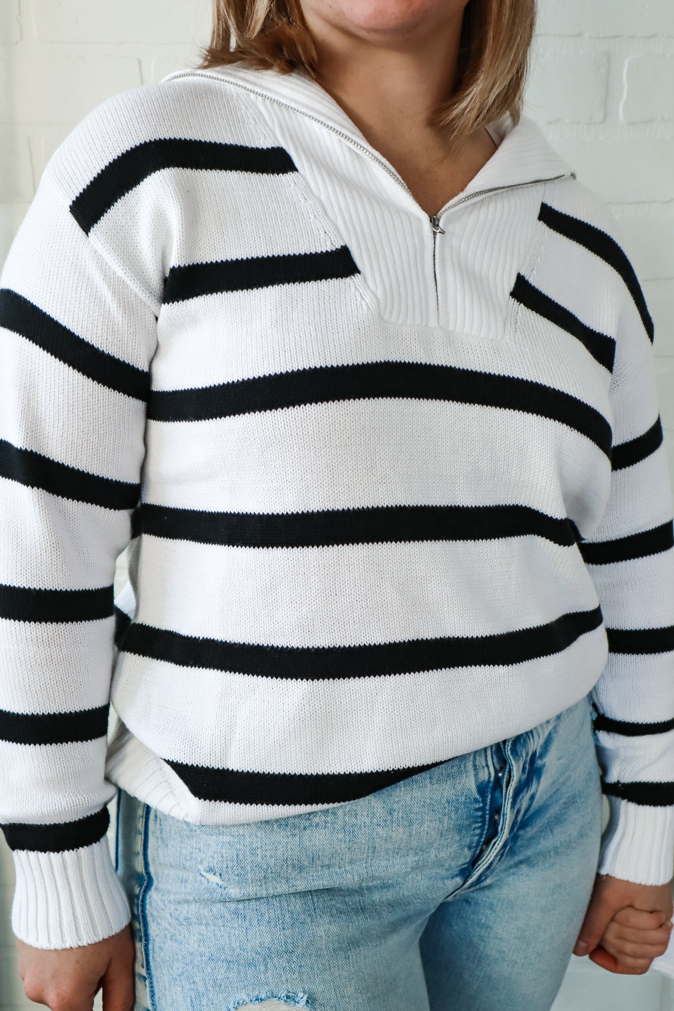 White Sailor Collar Striped Knit Sweater