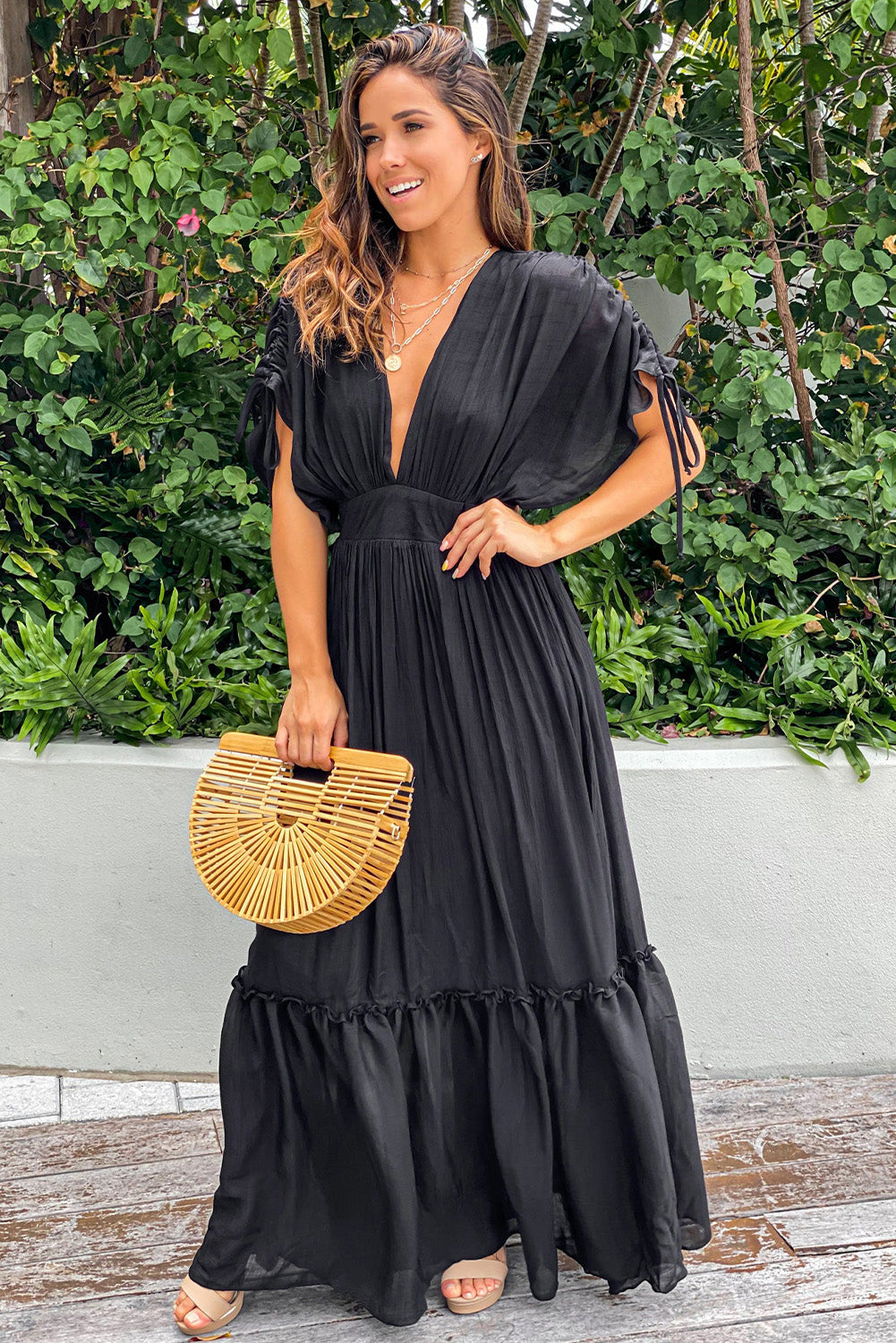 Black tiered hot sale dress with sleeves