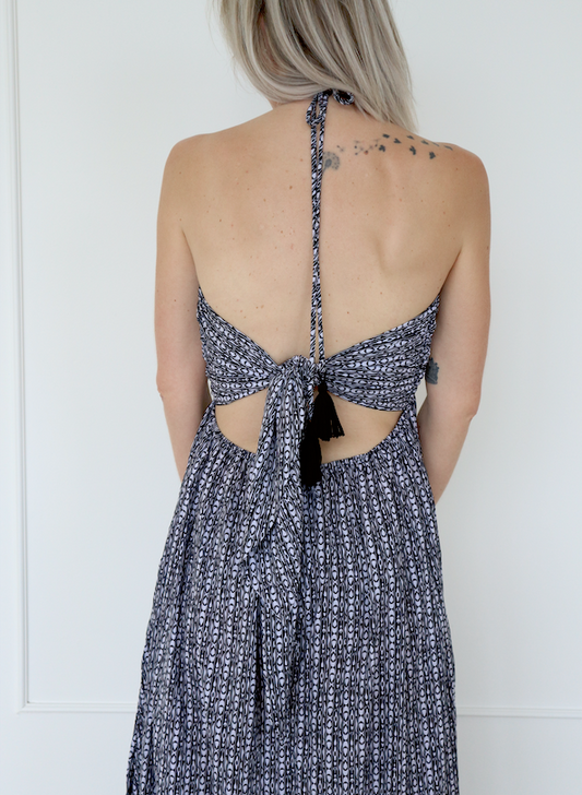 Printed Halter Backless Maxi Dress